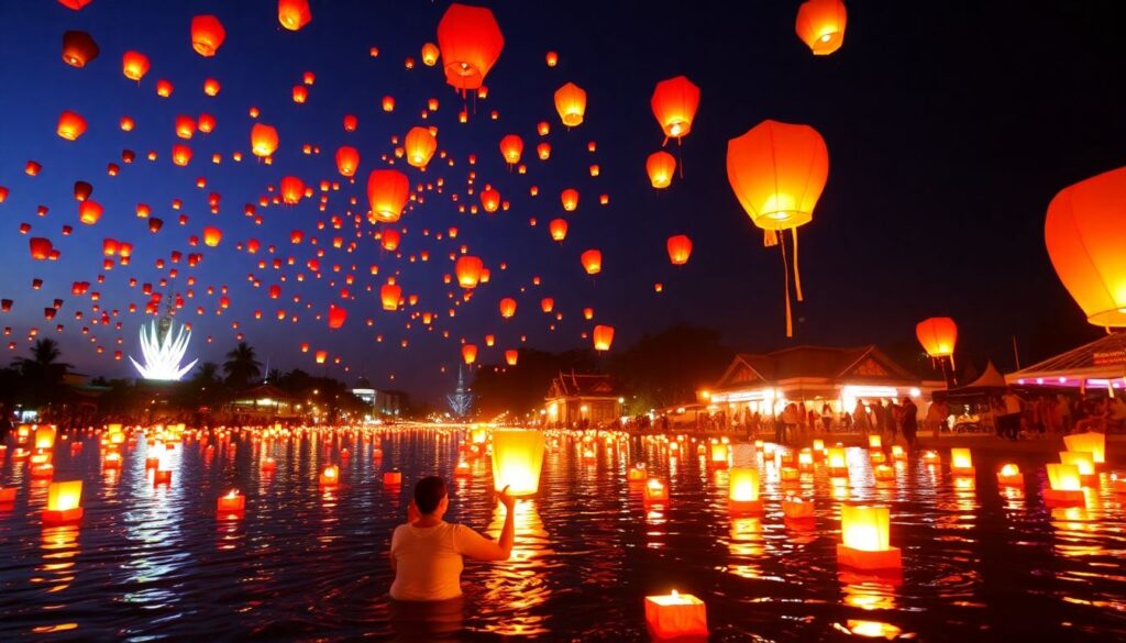 Фестиваль фонариков в Таиланде: Лой Кратонг и Йи Пенг - иллюстрация