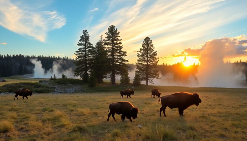 Путешествие по национальному парку Йеллоустоун - иллюстрация